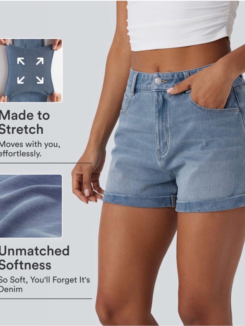 HALARA Light Blue Denim Cuffed Stretch Shorts